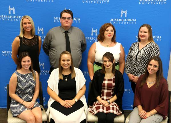Shelby Bodnar to student-teach at Delaware Valley Seated (from left): Miranda Bellas, Dupont, Pa.; Kristin Stuffick, Harveys Lake, Pa.; Amielia Barhold, Melbourne, Fla., and Shelby Bodnar, Milford, Pa.; second row: Whitney Ellenberg, Rockaway, N.J.; Joseph DePue, Pringle, Pa.; Michele Jeffries, Tunkhannock, Pa., and Danielle McDonald, Avoca, Pa. (Photo provided)