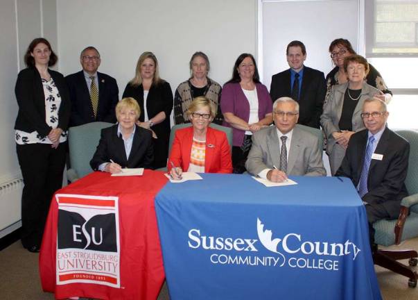 ESU signs Articulation Agreements with SCCC Photo provided Administrators and faculty members from East Stroudsburg University (ESU) and Sussex County Community College (SCCC) participated in an articulation agreement signing ceremony on May 11 at SCCC. Seated from left to right are: Joanne Zakartha Bruno, J.D., provost and vice president of academic affairs at ESU, Marcia G. Welsh, Ph.D., president of ESU, Paul Mazur, Ph.D., president of SCCC, and William Waite, vice president of academic affairs at SCCC. Standing from left to right are: Candice Pellegrino, assistant registrar for transfer articulation at ESU, Robert Fleischman, J.D., Ed.D., dean of the college of business and management at ESU, Kathleen Okay, dean at SCCC, Naomi Miller, professor of psychology at SCCC, Deborah McFadden, vice president of student affairs at SCCC, Scott Scardena,, transfer counselor at SCCC, Nancy Gallo, professor of legal studies at SCCC, and Alberta Jaeger, associate dean of academic affairs at SCCC.