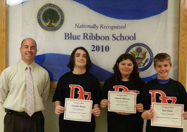 DVMS recognizes students for the month of September Pictured are the Students of the Month for September with principal Peter Ioppolo. Pictured are Christopher Shivers, 8th grade; Cassandra Hoffmann, achievement; and Ryan Fatula, 7th grade.