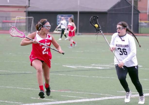 DVH Warriors defeat Hazleton Cougars in Girls Varsity Lacrosse Hazleton Cougar Victoria Middleton approaches Delaware Valley Warrior Lauren Matarazzo