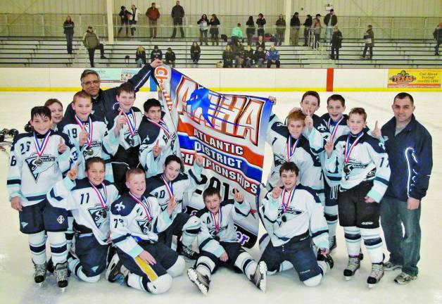 Hockey Saints advance to USA Hockeys National Tournament Photo provided by Vinny Durante The Ramapo Saints Pee-Wee hockey team, 11 and 12 year-old players from across Orange (N.Y.) and Pike counties, are headed to the USA Hockey National Tournament in Reston, Va., later this month. Pictured here, beginning with those standing are: Mike Hermancin (Cold Spring, N.Y.), Justin Betcher (Newburgh, N.Y.), Cole Garabed (Warwick, N.Y.), Head Coach Steve Pelosi (Monroe, N.Y.), Ryan Malota (Warwick), Dante Durante (Campbell Hall, N.Y.), Noah Daigle (Warwick), Conor Havey (Cornwall, N.Y.), Matt Cavallaro (Matamoras), Donnie Feldman (Highland Falls, N.Y.) and Coach Paul Cavallaro (Matamoras). Kneeling are: Nick Pelosi, (Monroe), Rhett Padgett (Millrift), Aaron Bohlinger (Walden, N.Y.), Mark Amatetti, (Monroe), and Mike Sacchi, (Washingtonville, N.Y.). Not available for photo Coach Steve Garabed (Warwick) and Coach Rob Malota (Warwick).