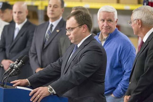 Captured: manhunt ends for trooper ambush suspect Pike County District Attorney Ray Tonkin speaks at a news conference Thursday night, Oct. 30, 2014, with Pa. Gov. Tom Corbett, second from right, and State Police Commissioner Frank Noonan, right, after the capture tonight of Eric Frein, charged in the murder of Cpl. Bryon Dickson in Sept. Tonkin said he intends to seek the death penalty against Frein. (AP Photo/PennLive.com, Mark Pynes)