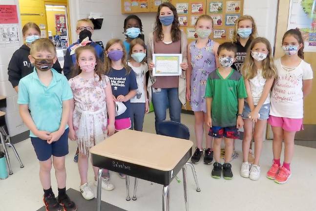 Winner of Pre-K to second grade category: Mrs. Amanda Lawson, kindergarten teacher; back (from left): Regan Donnelly, Jace Thiele, Sekai Jones, Mrs. Lawson, Jovey Thiele, Corey Cook, Eva DeLauro; front: Patrick Tamplin, Gia Cosentino, Hazel Pope, Jodie Harrison, Dominick DeLauro, Kendall Eckert (Photo by Peg Snure)