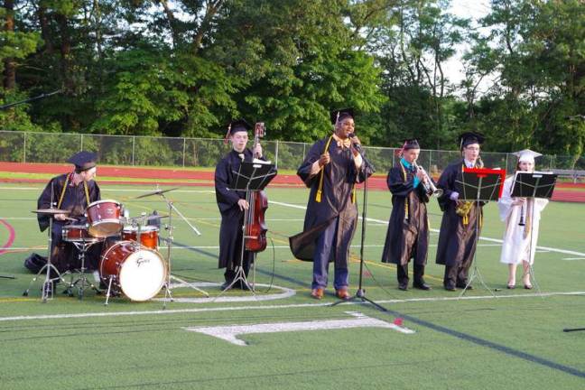 Delaware Valley graduates are all smiles The Delaware Valley High School Jazz Ensemble with Joshua Shepard on lead vocal with the mic.