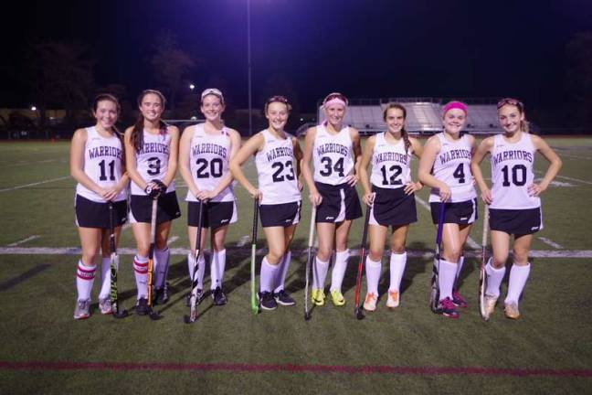 Delaware Valley Warriors tame Tunkhannock Tigers in field hockey Delaware Valley top performers of the game were from left Maecy Chlebowski (two assists), Leah Yost (one goal), Addy Ross (two goals), Lyndsay Floystad (one goal), Skyler Padgett (one goal), Brenna Cavallaro (one goal), Eileen Nikles (one assist) and Kara Gearhart (one goal) (Photo by George Leroy Hunter)