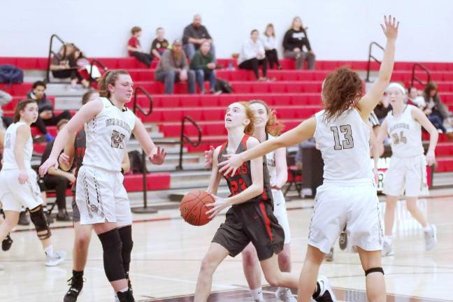 Tunkhannock's Hailey Long moves the ball through Delaware Valley's defensive wall in the second half. Long scored 8 points.