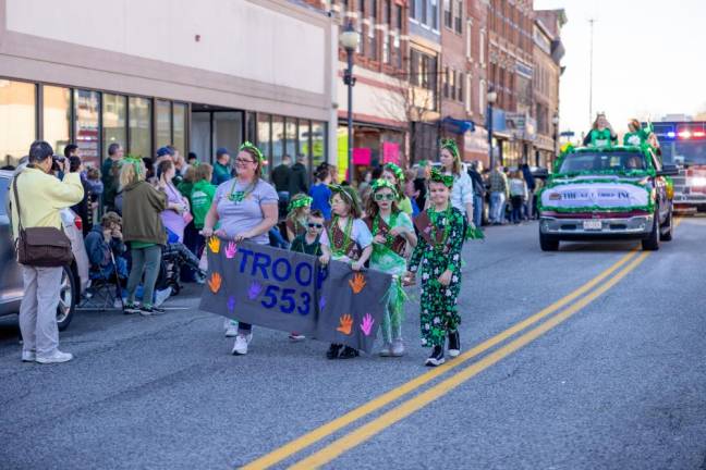 Troop 553 marching in the Port Jervis St. Patrick’s Day Parade on March 3, 2024. Photo by Sammie Finch