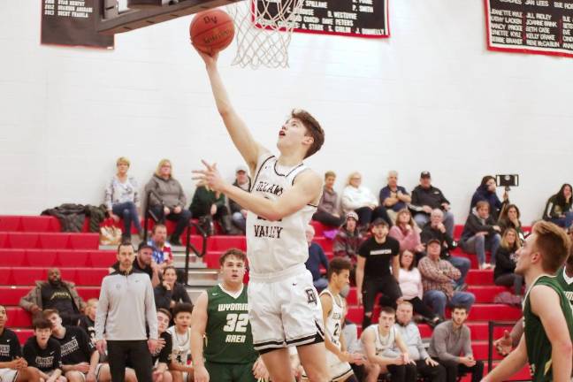 Delaware Valley's Jackson Shafer is in the midst of a shot in the first half. Shafer scored 30 points and was picked the game's most valuable player.