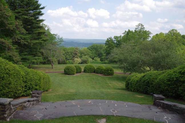 A walk through history Steps leading to a moat also provides a view of the front grounds of Grey Towers and the town of Milford off in the distance.