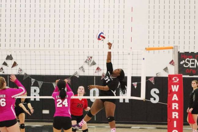 Lady Warriors strike down Lady Preppers on volleyball court Delaware Valley's Elizabeth Bobo leaps and strikes the ball. (Photo by George Leroy Hunter)