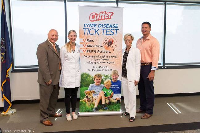 First-ever Lyme tick test is developed in the Poconos From left: State Senator and member of ESU's Council of Trustees, Mario Scavello; Forensic Scientist at the Northeast Wildlife DNA Laboratory at ESU, Nicole Chinnici; ESU President, Marcia G. Welsh, Ph.D.; President and CEO of EPA Enterprises, Inc. and member of ESU's Council of Trustees, Edward P. Abraham (Photo provided)