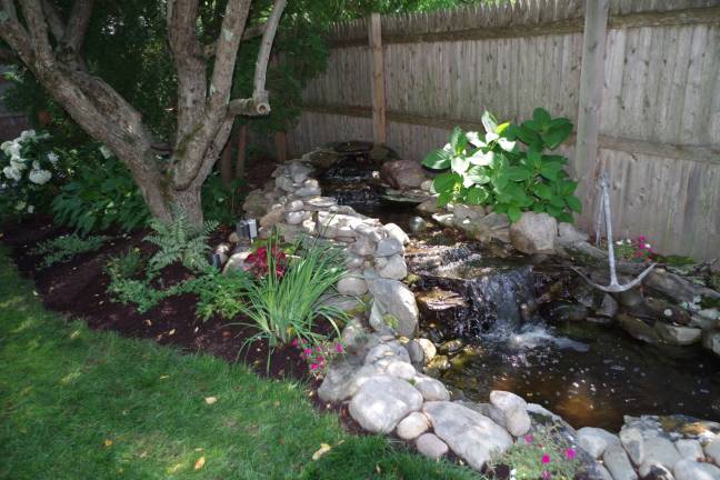 A man made waterfall in the back yard of the house on West Catherine Street.