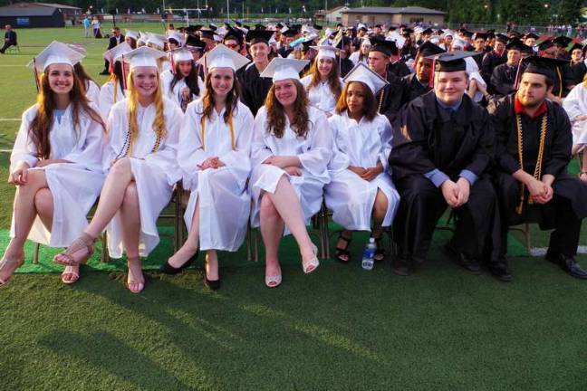 Delaware Valley graduates are all smiles Front row from left are Laura Brown, Clare Brennan, Paige Bodnar, Rebecca Bloomer, Marshayla Blizzard, Nicholas Bergbauer and Corrado Bello.