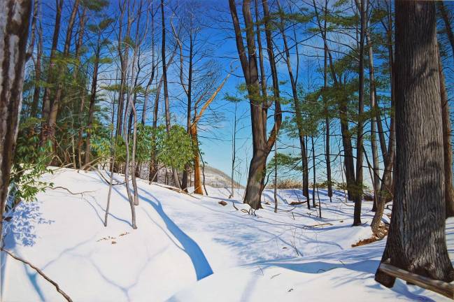 Winter landscapes star in 'Snow' group exhibit "Slateford Farm Woods" by St. Clair Sullivan (24” x 36," oil on board, 2008)