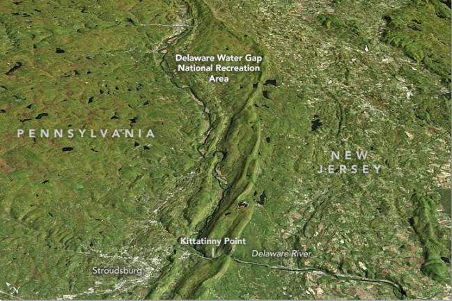 Pretty as a picture National Park Service (2016) Delaware Water Gap. Accessed November 25, 2016. NASA Earth Observatory image by Jesse Allen, using Landsat data from the U.S. Geological Survey and ASTER GDEM2 data from NASA/GSFC/METI/ERSDAC/JAROS, and U.S./Japan ASTER Science Team. Caption by Pola Lem.