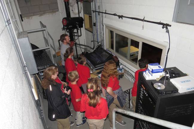 DVE-News/TV reporters meet Misericordia University president We checked out the TV studio/communications lab with Mr. Jeff Kelly, theater director (Photo by Peg Snure)