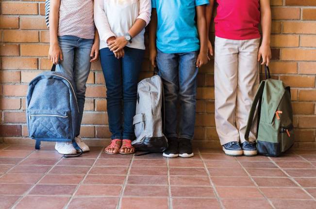 Low section of elementary students standing outside class with backpacks. Legs of four boys and girls leaning in a row. Four multiethnic school children before the start of the lessons.