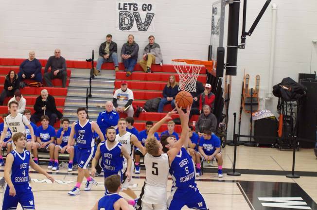 Delaware Valley Warriors meet West Scranton Invaders in 'Court Battle' Delaware Valley’s Tyler Smith and West Scranton’s Austin Lipowitch reach for the ball during a rebound. (Photo by George Leroy Hunter)