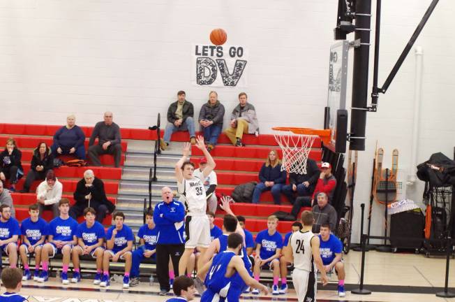 Delaware Valley Warriors meet West Scranton Invaders in 'Court Battle' Delaware Valley’s Shane Acoveno (35) launches the ball from long distance. Acoveno scored seven points. (Photo by George Leroy Hunter)