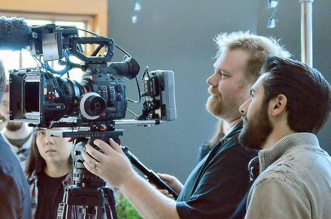 Spotlight on 'Dark Harbor,' the Saturday night thriller at the Black Bear Film Festival Edwin Stevens at camera, with Joe Raffa, right