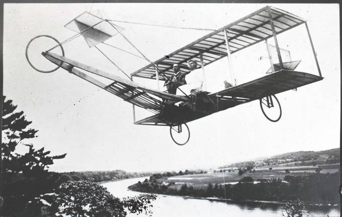 Peter Myer’s quest to preserve his grandfather’s legacy Photo by James Alfred Myer Vacationers sitting in a replica of a Wright BrotherþÄôs plane flying over the Delaware. Myers' sons built the fake plane, the vacationers would climb steps into the plane and Myer would eliminate the steps from the plate and drop in an image of the Delaware River.