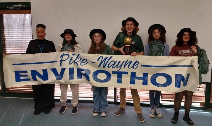 Results from the 2025 Pike/Wayne Envirothon The highest-scoring team overall, “The River-lutionaries” from Delaware Valley High School, pose with their prizes and trophy alongside Pike County Commissioner Christa Caceres. From left to right: Commissioner Caceres, Ella Dong, Ruby Bailor, Jackson Hancock, Siasia Bean, and Andria Prime. Photo provided.