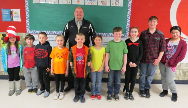 Celebrating Students of the Month Artists of the Month: Makaylee Kalitsnik (KA), Gideon Yost (1P), Nicholas Jorgenson (2Z), Payton Yakupcin (2Z), Zack Anderson (3T), Giavanna Ciardullo (3T), Jack Sullivan (4A), Olivia Coelho (4A), Ellen Duan (5F), Skyler Woodley (5F) with DVES Principal Aaron Weston. Not Pictured: Gianna Zummo.