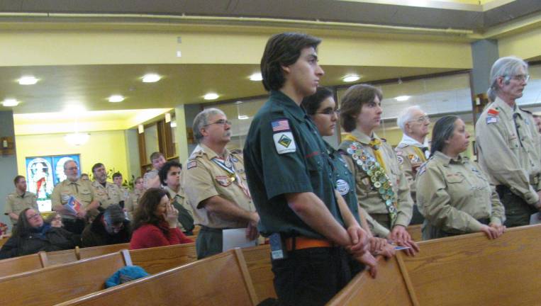Scout Sunday Service hosted by Shohola Boy Scout Troop Photos by Marilyn Bradley Despite inclement weather, a number of scouts and family members from across the Hudson Valley Council, attended the Scout Sunday Service held at St. Patrick's Church in Milford.