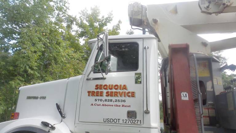 The Sequoia Tree Service truck in the parking lot next to the cemetery. The tree service is run by Fran Stoveken, who recently cut down a tree in the cemetery. (Photo by Frances Ruth Harris)