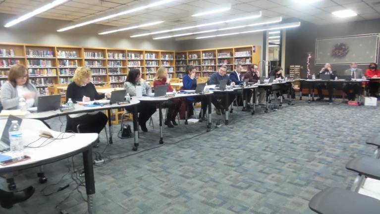 Board members: Christine Agron, Dawn Bukaj, Felicia Sheehan, Pam Lutfy, Jessica Decker, Jack Fisher, Corey Homer, Derek Smith and Solicitor Ashley Zimmerman. Seated at 90% angle table is Dr. John Bell and Bill Hissling. Victoria McNeely is seated at adjacent round table (Photo by Frances Ruth Harris)