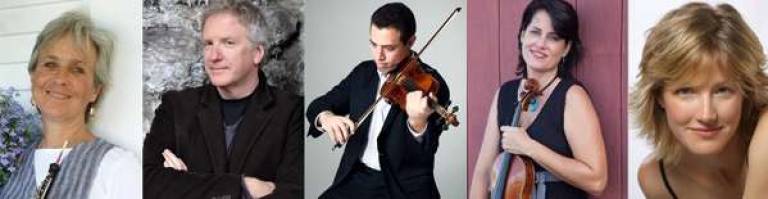 Weekend of Chamber Music to perform spring recital From left: Peggy Pearson, oboe; Andrew Waggoner, composer; Ari Streisfeld, violin; Kathryn Lockwood, viola; and Caroline Stinson, cellist (Photo provided)