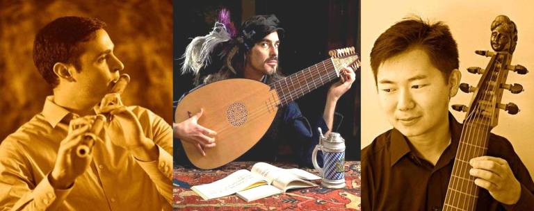 Baroque trio to perform at Grey Towers Photo provided Pictured from left: David Ross on the transverse flute; Daniel Swenberg on the lute; and Arnie Tanimoto on viola da gamba, a predecessor of the cello.