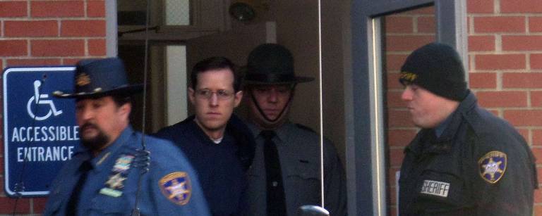Main jury picked in murder trial in trooper barracks ambush Eric Frein is led out of the Pike County Courthouse after his preliminary hearing in February 2015. (Photo by Nathan Mayberg)