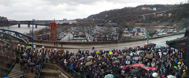 NEPA group protests travel ban at 'Tuesdays with Toomey' A "Tuesdays with Toomey" demonstration in Pittsburgh (Facebook photo)