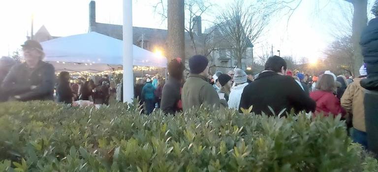 People packed the Community House grounds to listen to carols, drink hot chocolate, munch on cookies, greet Santa, and watch the tree come to life. (Photo by Frances Ruth Harris)