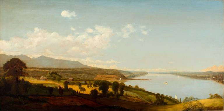 Trip highlights Pinchot's contribution to landscape painting Jervis McEntee's "View on the Hudson Near the Rondout" (n.d., oil on canvas, 25 x 50 in., Collection of Richard Sharp), one of the many original pieces on display at the Samuel Dorsky Art Museum.
