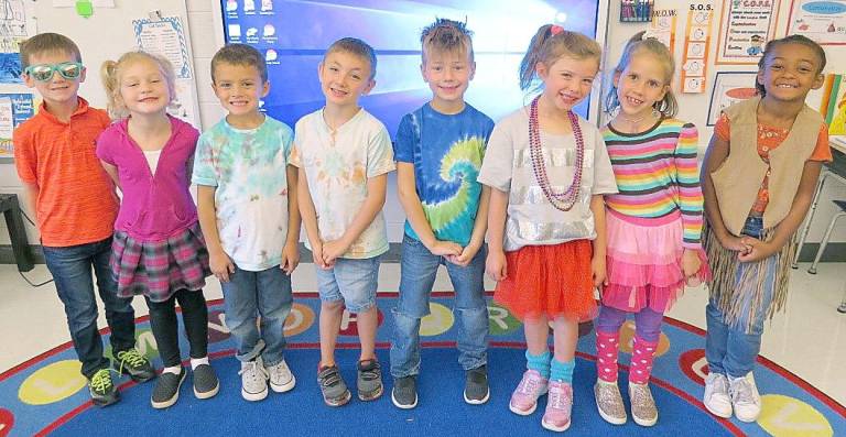 From left on '70s and '80s day: Wyatt Ostensen, Aveya Murphy, Dominic DeLauro, Connor Eames, Silas Paszkiewicz, Hazel, Pope, Jodie Harrison, and Chanel Schock.