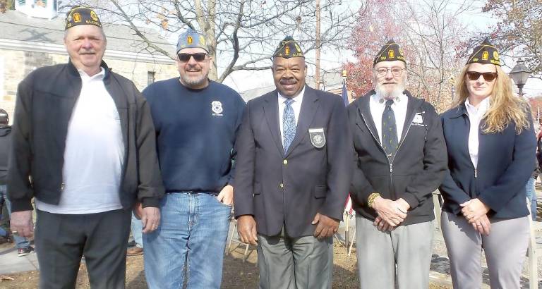 Members of the American Legion Post 139 (from left): Executive board member Gary Decker, SAL Commander Andy Dachisen,finance officer Gene Hudson, executive board member Dennis Kelly and Commander Connie Harvey