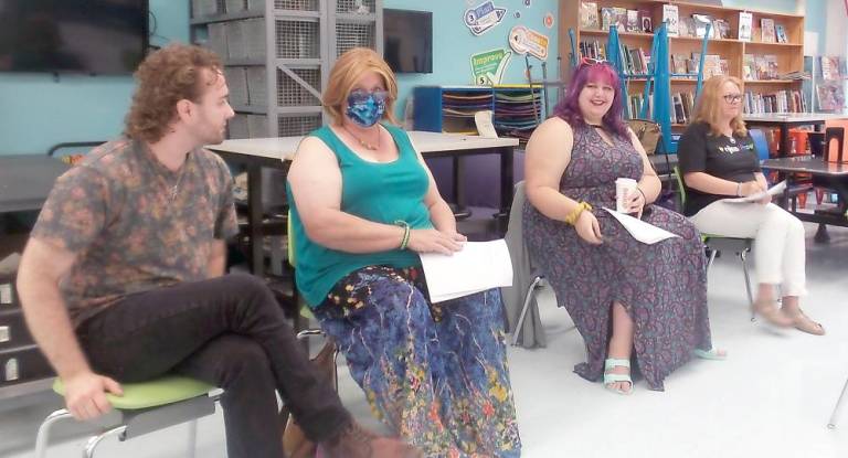 From left: Carl Contino, Simone Kraus, Zoe Heath, and Vicky Smith at a Vernon, N.J., school board meeting last week defending a Vernon transgender eight-year-old who was outed by a teacher. Kraus, a transgender woman, is vice president of the TriVersity Center for Gender &amp; Sexual Diversity in Milford.