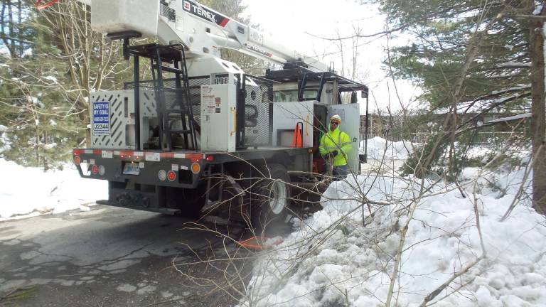 A utility worker in a driveway on Log Tavern Road this week (Photo by Frances Ruth Harris)