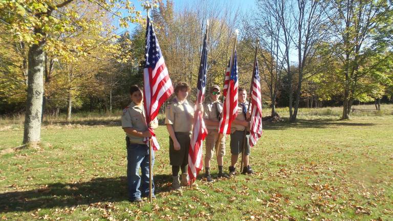 Scouts re-enact the Battle of Walnut Mountain Color guard at opening ceremonies (Photo by Frances Ruth Harris)