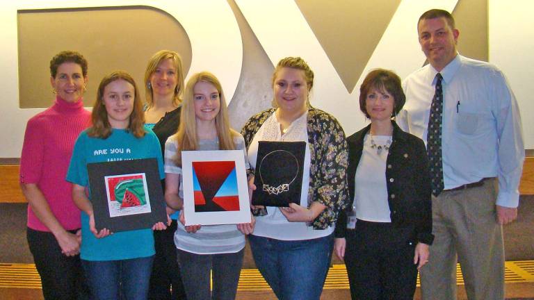Delaware Valley High School students earn National Scholastic Art Awards Pictured from the left are: Art teacher and department Chair Mrs. Stephanie Cavallaro; freshman, Sarah Hartmann; art Teacher, Mrs. Tricia Kaylor; junior, Danielle Misiaszek; senior Lauren Jones; art Teacher, Mrs. Irene Lantz and high school Principal, Ron Collins.