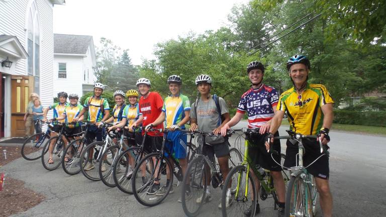 Teen riders stop in Milford during 18-day ride for Duchenne Muscular Dystrophy From left: Megan Matrka, Olivia Edwards, Luke Hains, Abby Carrol, Ashley Kelliher, Ashley Kelliher, Brian Edwards, Lance Hans, Jack Stubbs, Ian Routh and Gary Rice (Photo by Frances Ruth Harris)
