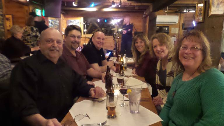 Bringing down the house Tom Jensen, Don Jakubowski, Joel Brush, Cathie Jensa, Janet Jakubowski, and Diane Brush at the Waterwheel on Saturday night (Photo by Frances Ruth Harris)