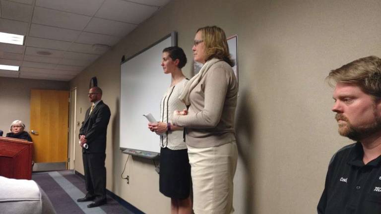 STEM offerings as good as college, DV teachers say Tom Moran, Amanda Pope, and Christine Marcial present the many facets of DV's STEM programs to school board members (Photo by Anya Tikka)