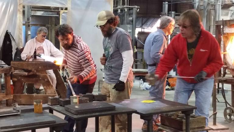 Glass-blowing demos at Gillinder factory Guest artists at Gillinder Glass Factory last fall (Photo by Allyson Gillinder)