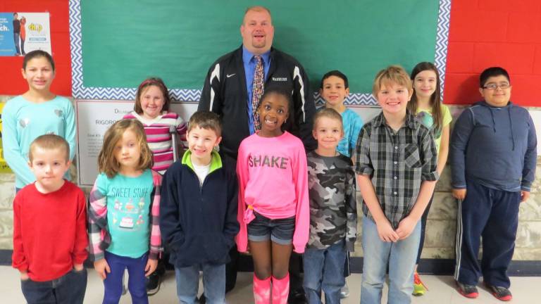 Top kids for January Artists of the Month: (front row) Daniel Pflanz (KC), Annalina Hall-Belluscio (KC), Connor Giblin (1P), Teizu Jones (2C), Noah Phillips (2C) and Matthew Latini (3B). (back row) Ava McAveney (3B), Jazymne Bates (4G), Paul Weinrich (4G), Levi McCollum (5M), Thomas Retamar (5M) with DVES Principal Aaron Weston. Not pictured: Mae Collier (1P).
