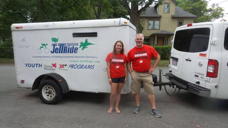Teen riders stop in Milford during 18-day ride for Duchenne Muscular Dystrophy Emily Quitzan, who rode the last two years, worked with Bob Stubbs, father of rider Jack Stubbs, to transport necessary supplies. (Photo by Frances Ruth Harris)