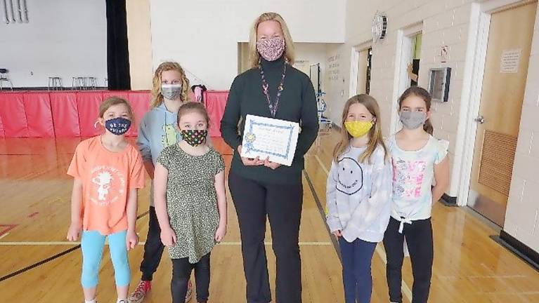 Gym/health teacher: Mrs. Heather Hubbard. From left: Hazel Pope, Corey Cook, Gia Cosentino, Mrs. Hubbard, Kendall Eckert, Eva DeLauro (Photo by Peg Snure)