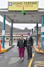 Lab Technologists Holly Meyer (left) and Nancy O’Connell at the COVID-19 drive-through testing site at the Stourbridge Complex, Honesdale before dressing in their PPE (Photo provided)